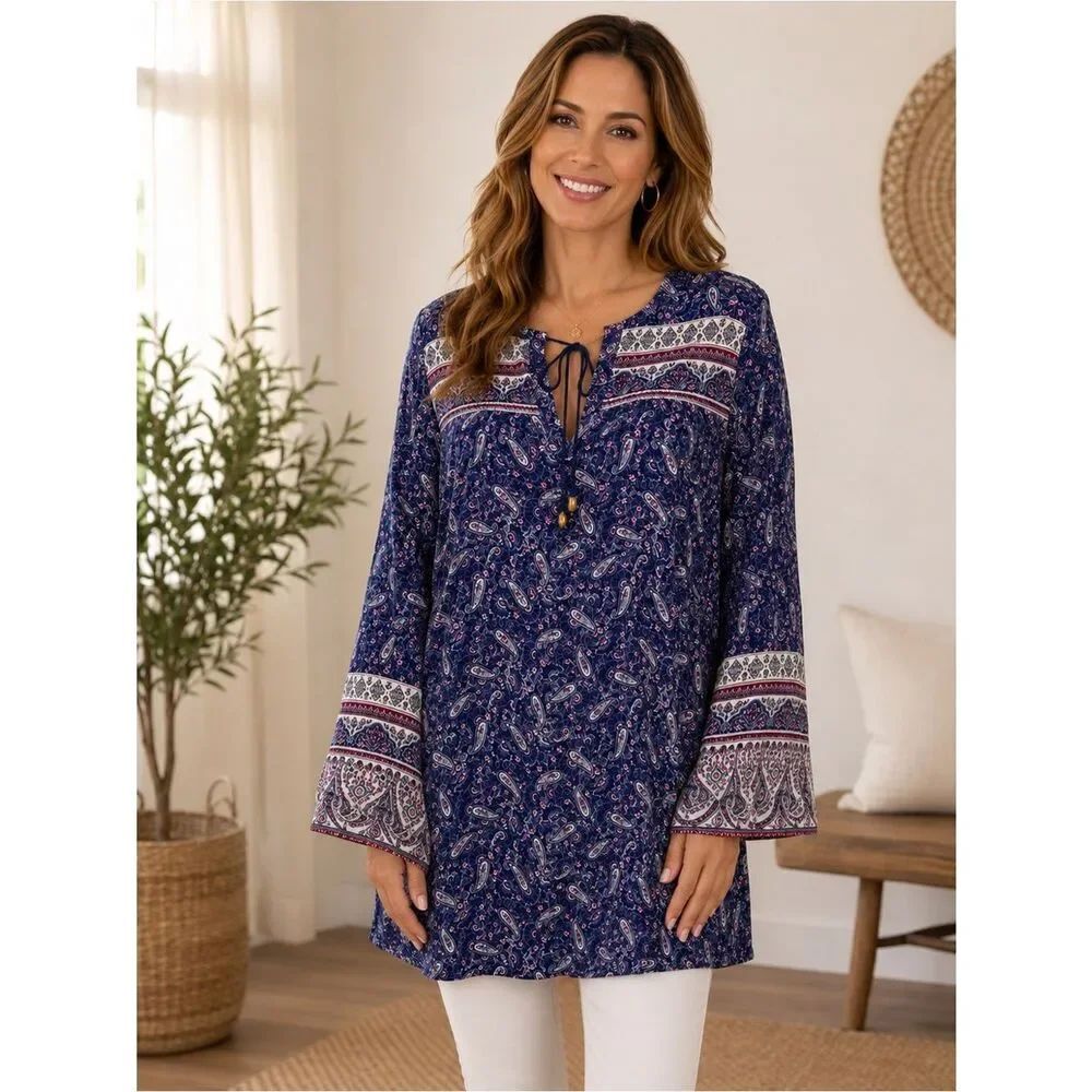 Billabong Boho Paisley Print Long Sleeve Tie Neck Tunic Top
